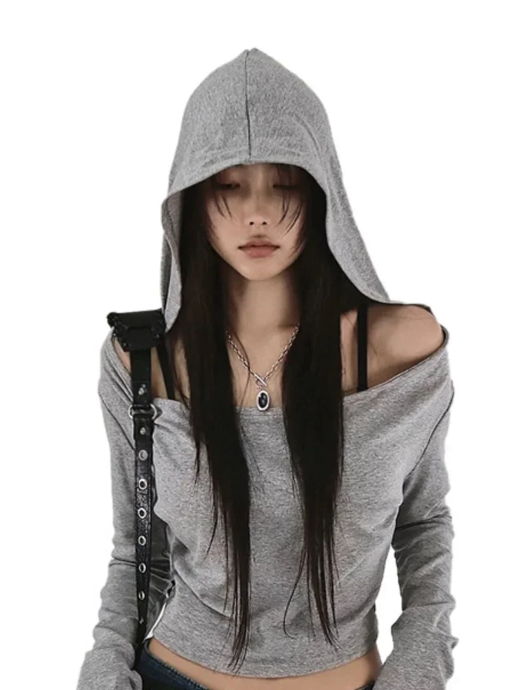 Y2k Aesthetic Hooded Tshirts Women Sexy Long Sleeve Crop Top Slim Fit Off Shoulder Tees Casual Streetwear Grunge T Shirt 2024