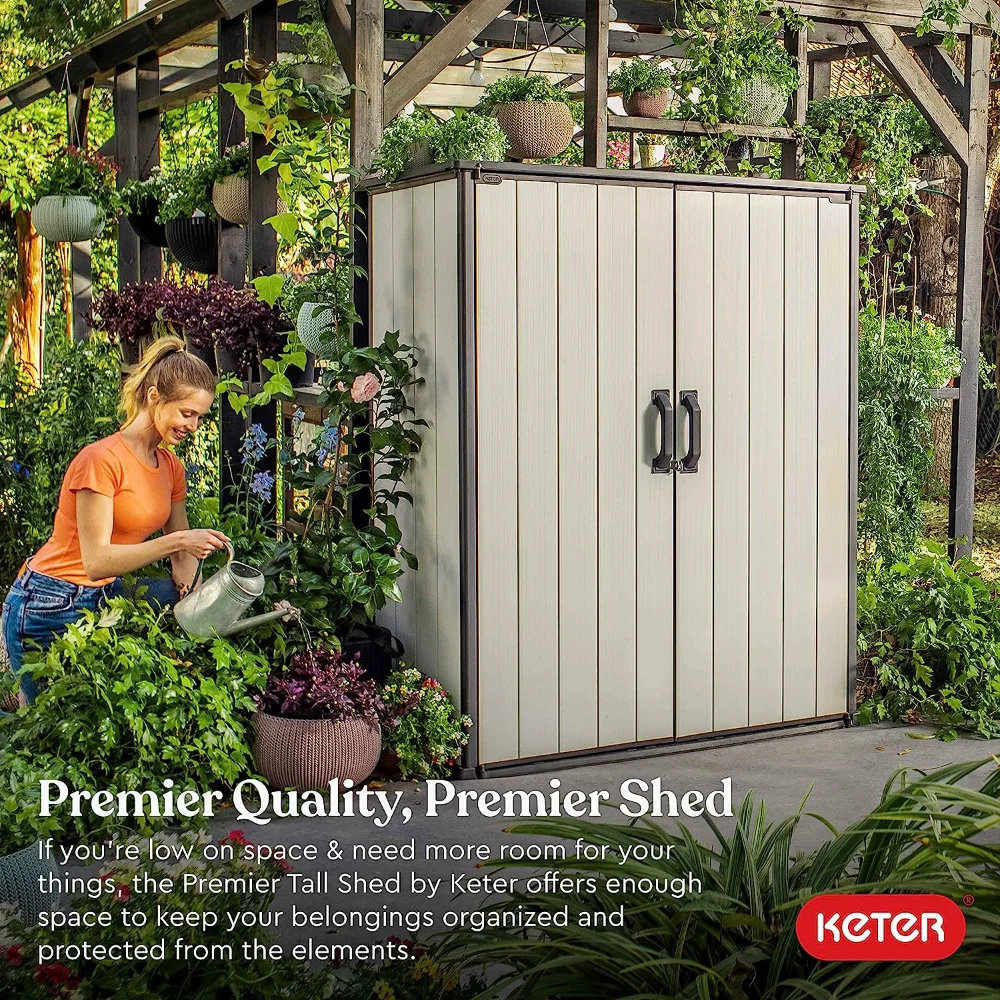 Keter Premier Tall 4.6 x 5.6 ft. Resin Outdoor Storage Shed with Shelving Brackets for Patio Furniture