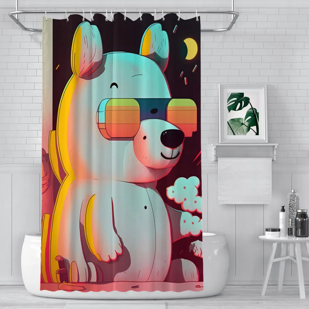 Cool Neon Shower Curtains Teddy Bear Waterproof Fabric Creative Bathroom Decor with Hooks Home Accessories