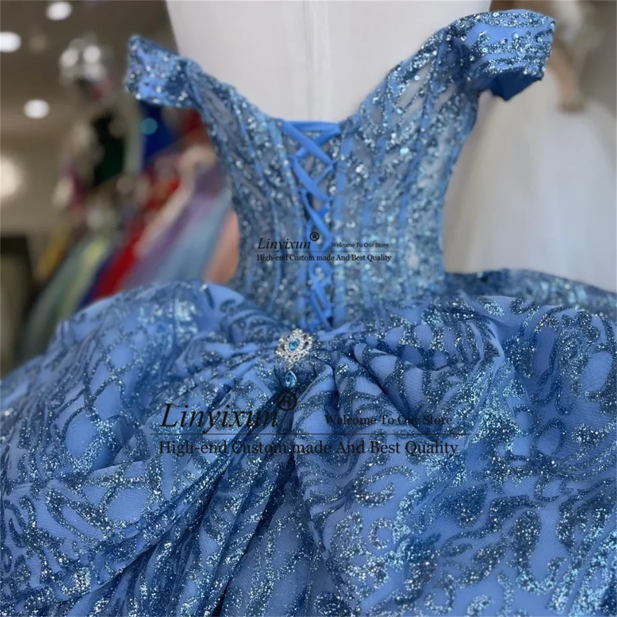 Dulce vestido De quinceañera brillante azul cielo, encaje sin hombros, vestido Formal De fiesta De cumpleaños, 16 Vestidos De 15 años