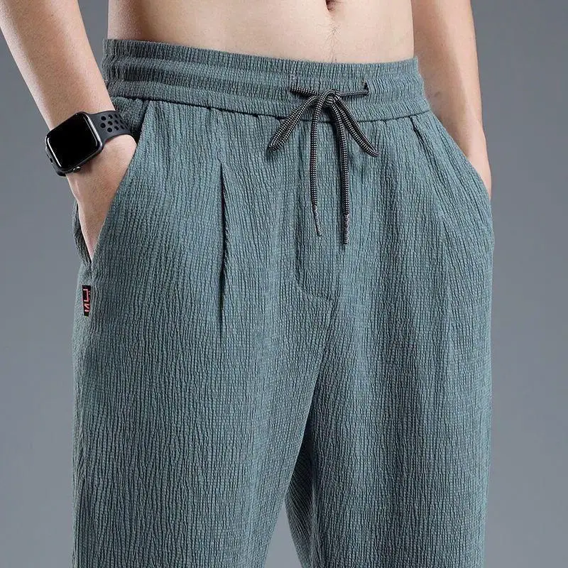 

Summer Ultra-Thin Breathable Loose Straight Leg Men's Casual Pants Ice Silk Nine Points Linen Qui-Drng Sports Trousers