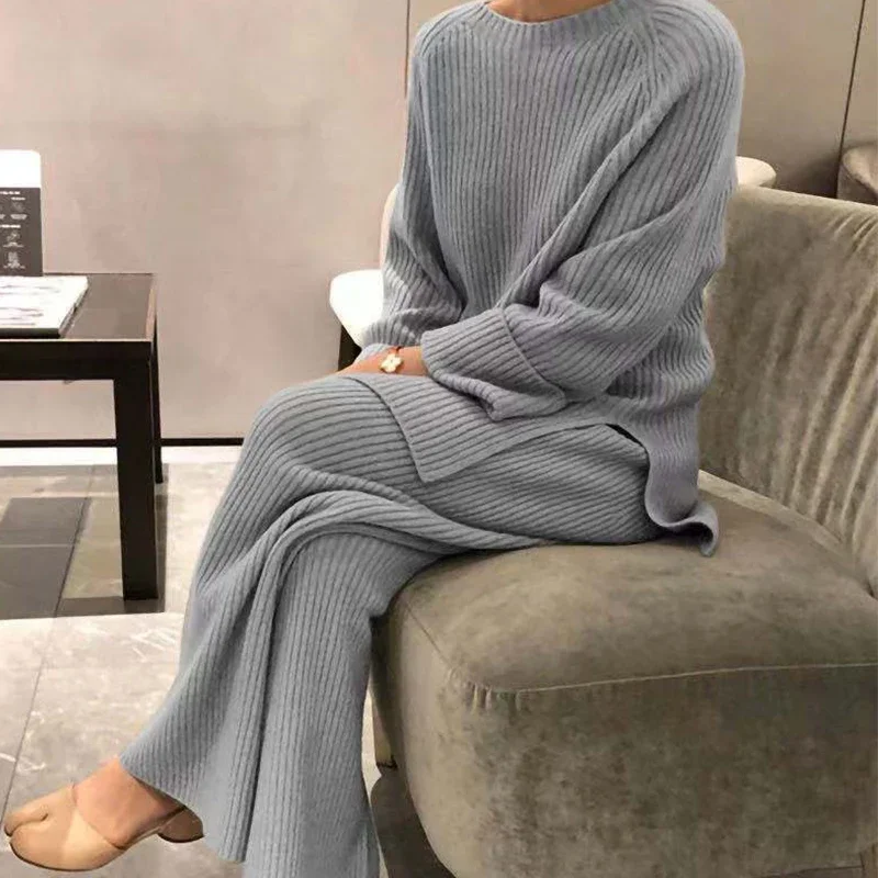 

Women Loose Knit Sweater Suit Solid Color O Neck Pullover Wide Leg Pants Suit Autumn Winter 2 Pieces Set Homewear