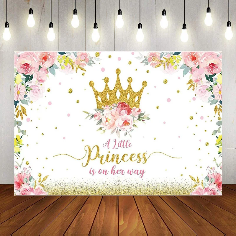 Royal Princess Party Pink Custom Birthday Backdrop Blue Photo Background Decoration Banner Studio Kits Crown Wallpaper Gold