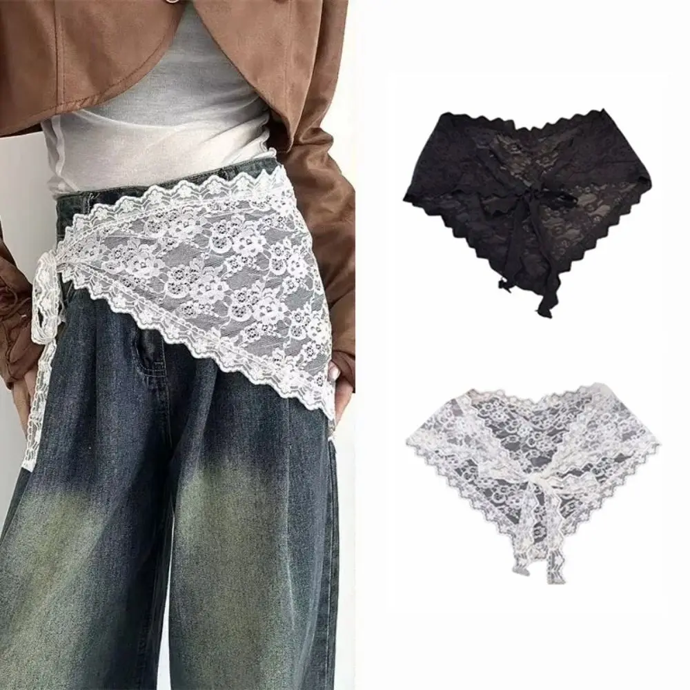 Harajuku Y2K Lace Half Skirt Trendy Triangle Gauze Skirt Flower Embroidery High Waist Outwear Mini Skirt Match Pants