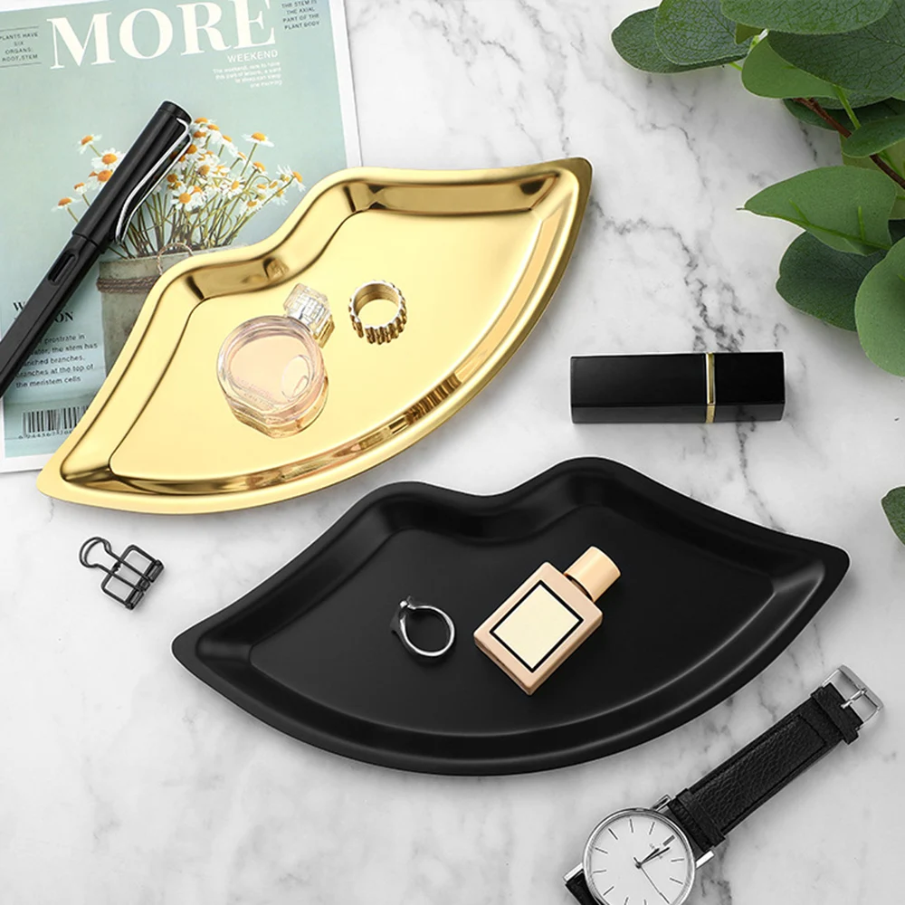 Lip Shaped Storage Tray Stainless Steel Jewelry Plate Ring Necklace Bracelet Display Tray Cosmetic Organizer Desktop Ornament