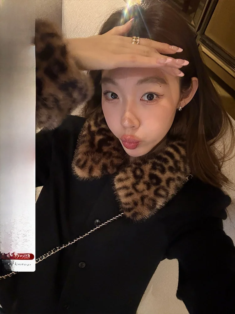 

Ranwear Leopard Print ort Jaet with Fur Collar Single Button Design Thi Outerwear for Women Commute Sle Nylon Material