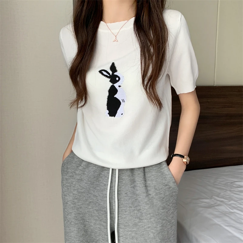 Kawaii Rabbit Knitted T-Shirts Women O-Neck Short Sleeve Casual Shirts Cartoon Sweet Top Tees Slim Harajuku Elegant Office