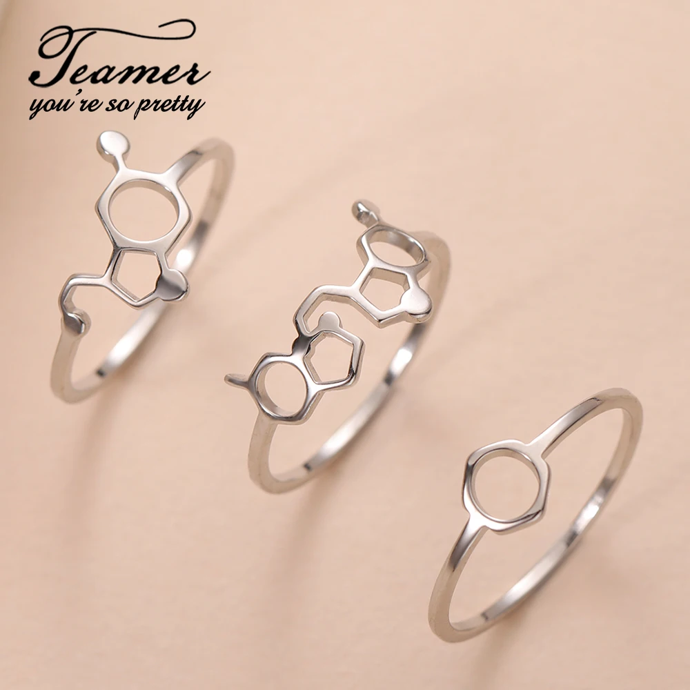 Teamer Chemical Molecule Stainless Steel Women Ring New in Hexagon Biomolecules Structure Finger Rings Minimalist Jewelry Gifts