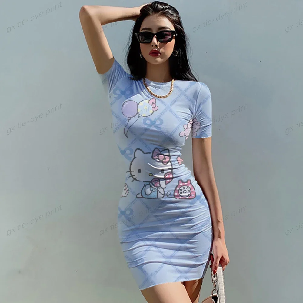 Hello Kitty 3D Print Bodycon Cami Midi Dress Boho Short Sleeve Skinny O Neck Slim Vacation Cartoon Skirt Summer Mini Dress Hot