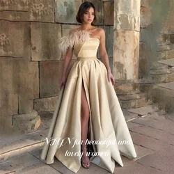 NFYN Champagne Long Stain Party Dress A Line Strapless Women Prom Dresses Pleat Evening Gown with High Split Customized فستان سه