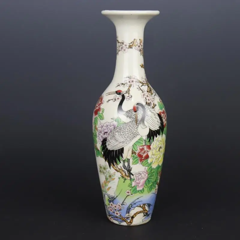 Chinese Famille Rose Porcelain Qing Qianlong Crane Peony Pattern Vase 10.43 inch