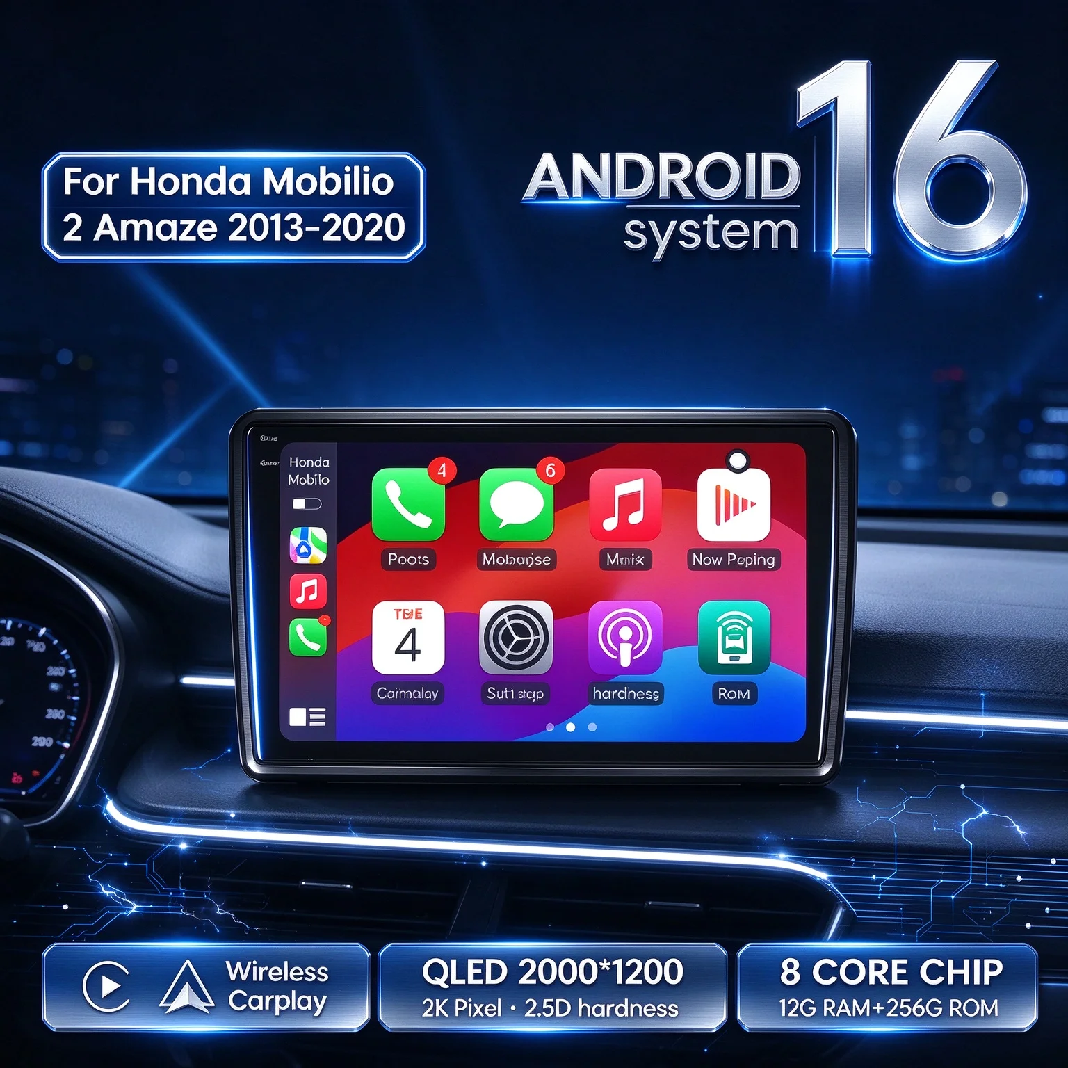 9inch Android 16 Car Radio Carplay  For Honda Mobilio 2 Amaze 2013-2020 Multimedia Navigation 2K QLED Screen