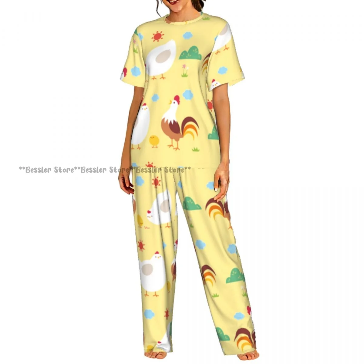 

Women Pajama Sets Lounge Sleepwear Cartoon Chicken Short Sleeve Nightwear