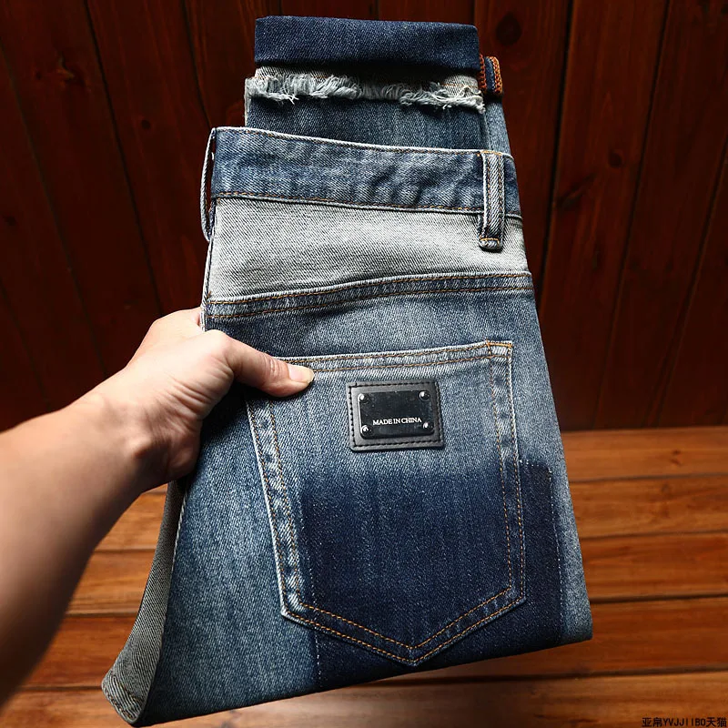 Celana panjang jins robek untuk pria, celana panjang kurus pas badan, celana Jeans perca kasual musim semi dan musim gugur, celana panjang robek untuk pria