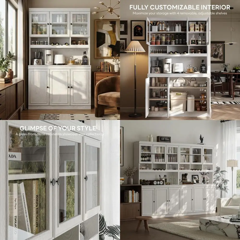 

74.8" China Cabinet with Glass Do, Tall Kitchen Pantry, Storage Cabinet with Microwave Stand, 4 Adjustable Shelves, Wine & Glass