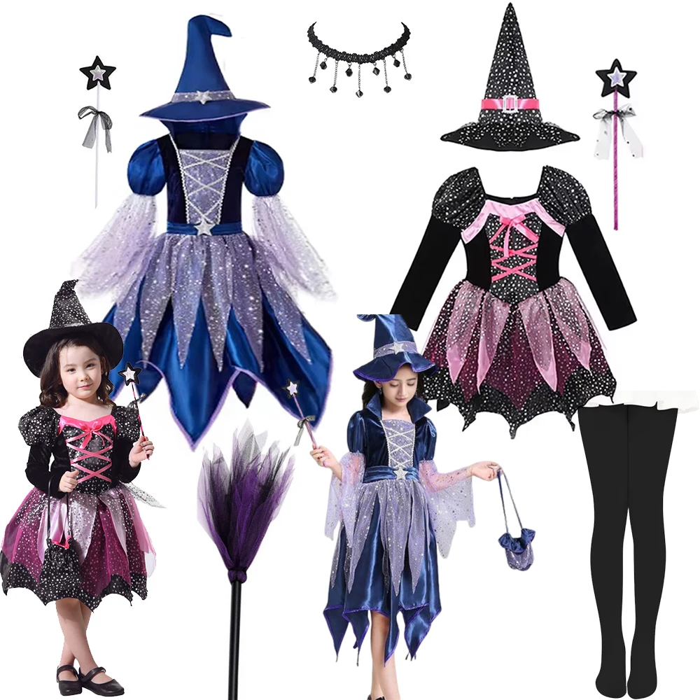 Children Irregular Tulle Witch Cosplay Outfit Glitter Mesh Dress with Full Props Holiday Role Play Halloween Fancy Dress Costume