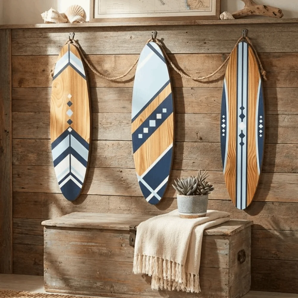 Tropical Surfboard Wall Decor with Hook Hawaiian Theme Surfboard Hanging Ornament Decorative Nautical Wooden Surfboard Sign