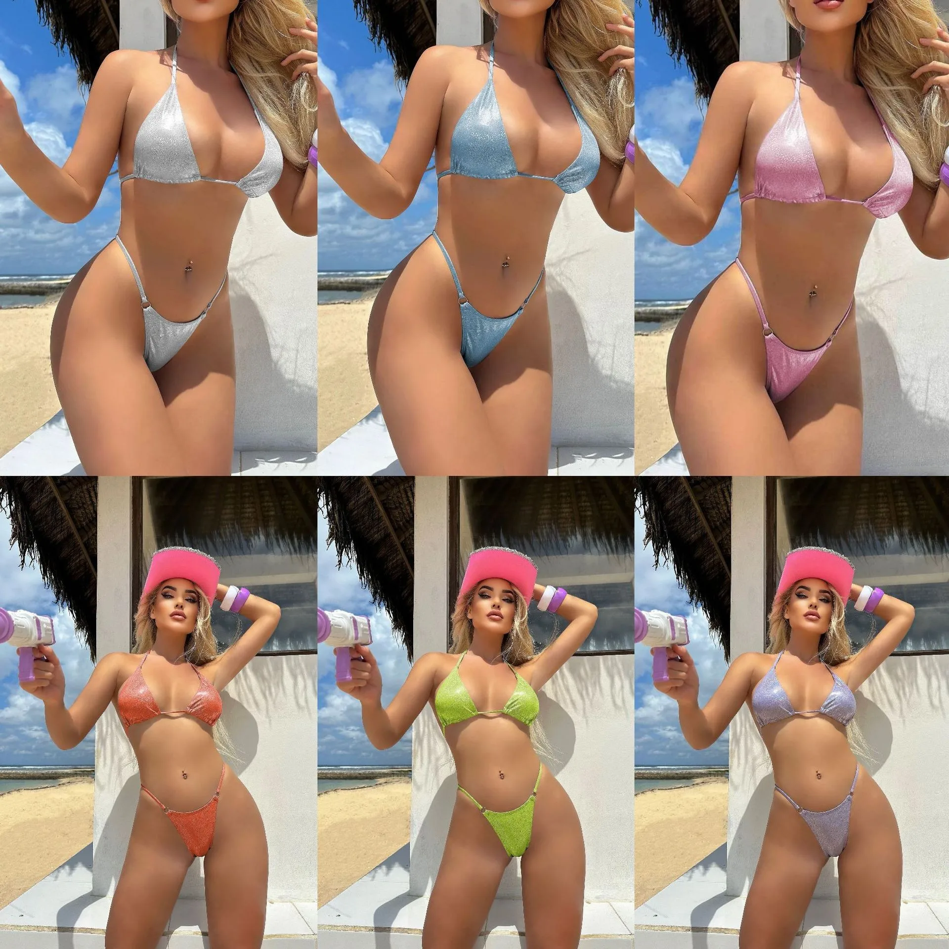 

2026 Bikini Woman Triangle Top Thong Bottom Bikinis Halter Tie Adjustable Straps Swimwear Silver Pink Two Piece Swimsuit