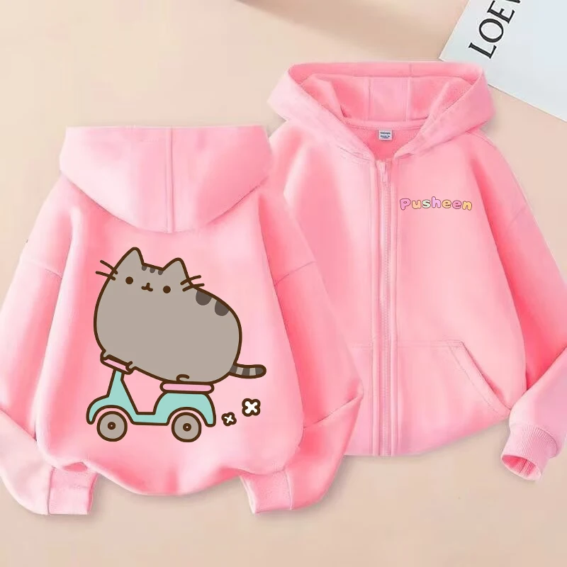 

Girls Zipper Hoodies Pusheens Kids Cute Cat Hooded Cardigan Children Spring Autumn Jacket Coat Fashion Clothes Long Sleeves Gift