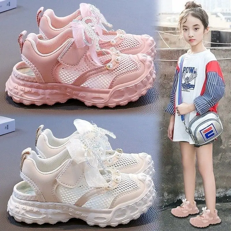 New Kids Hollow-out Casual Shoes for Girls Pearl Bow Sandals Princess Party Dress Shoes Kids Outdoor Non-slip Sneakers Versatile