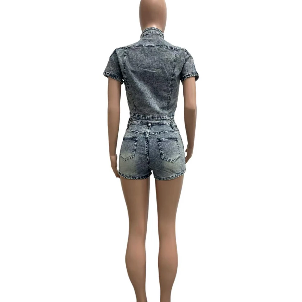 Modische Gewaschene Stretch-Denim-Motorradjacke und Shorts 2-Teiliges Set für Sommer 2026 Damen Lässige Jeans-Outfits Zweiteiler – Detail 6