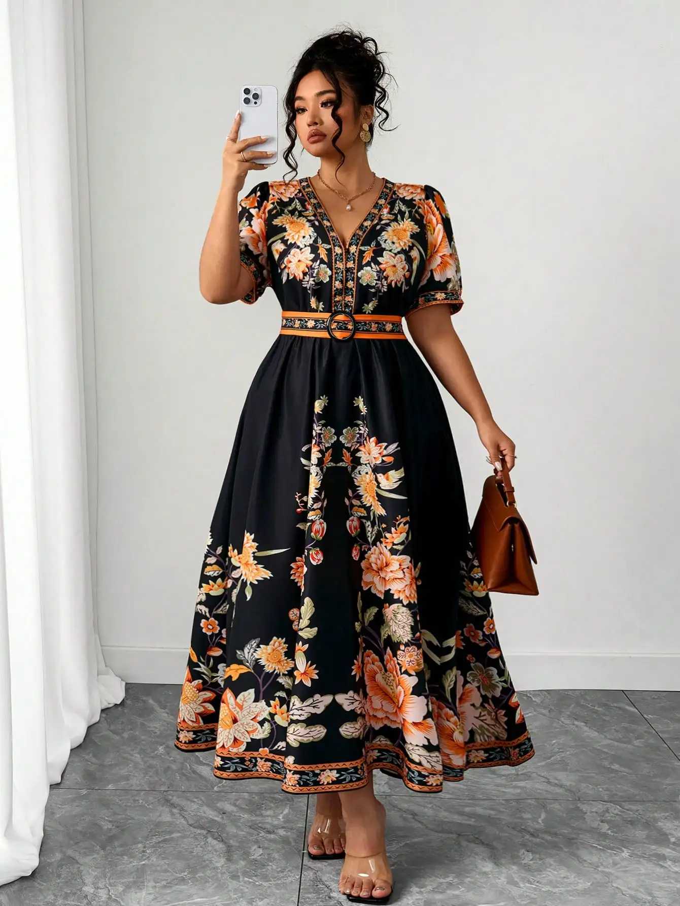 

Plus Size Floral Print V-Neck Cap Sleeve Midi Dress with Belted Waist