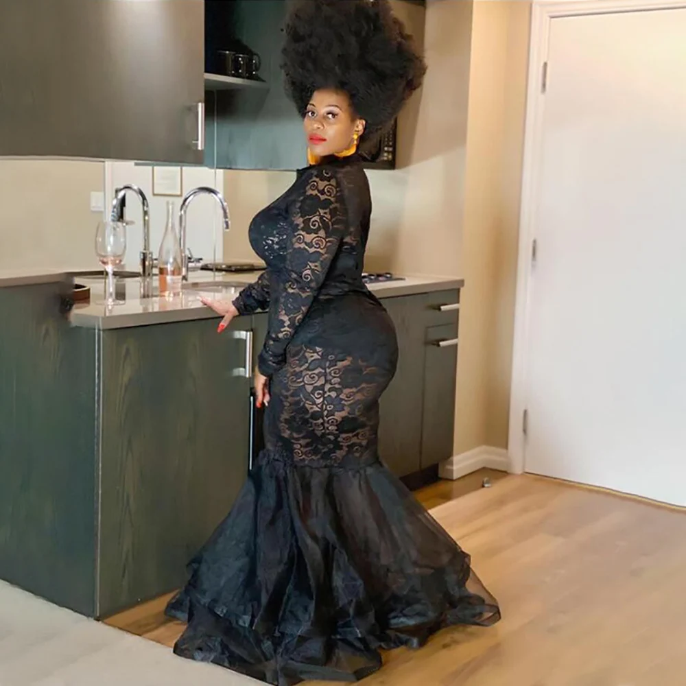 Sexy Sheer See Through Floral Lace Evening Maxi Dress Mock Neck Long Sleeve High Waist Bodycon Party Mermaid Dress Wedding Gown - view 3