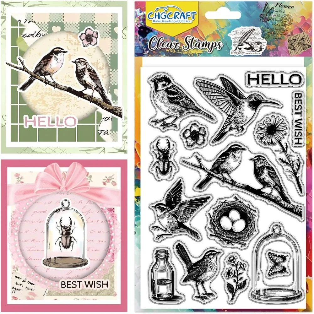 Transparente Stempel mit Vintage-Blumen, Vögel, Insekten, transparente Stempelsiegel für DIY Scrapbooking, Fotoalbum, Dekoration, 4,3 x 6,3 Zoll