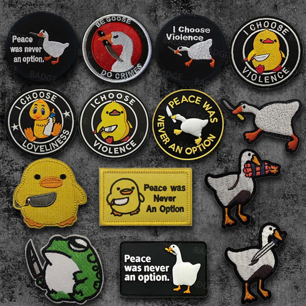 Peace was Never an Option Duck Patch- Embroidered Funny Emblem with Hook Fastener Backing, PVC Cute Duck Bite Knife Badge