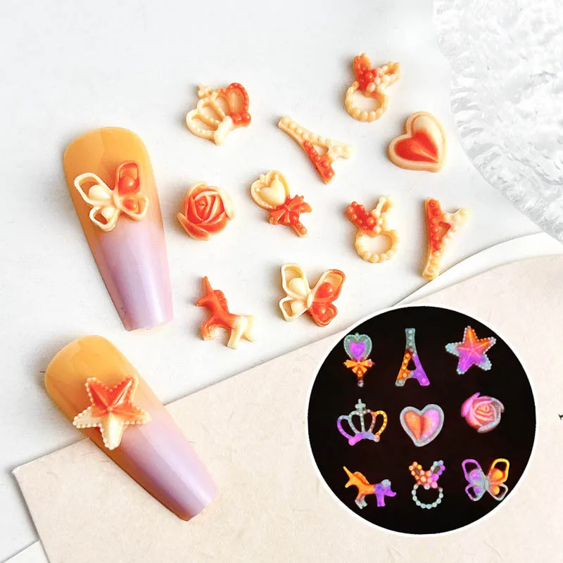 Luminous Two-Tone Orange Manicure Jewelry Nails Art Accessories Unicorn Crown Starfish Butterfly Heart Kawaii Nail Charm Figures