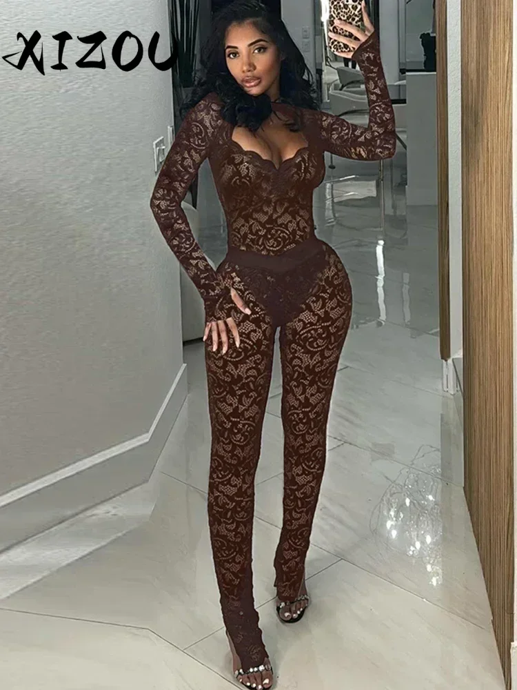

XIZOU Sexy Jacquard 2 Piece Set Women Y2K Coquette Backless Hollow Bodysuit + LeggingsTight Midnight Clubwear Skinny Outfits