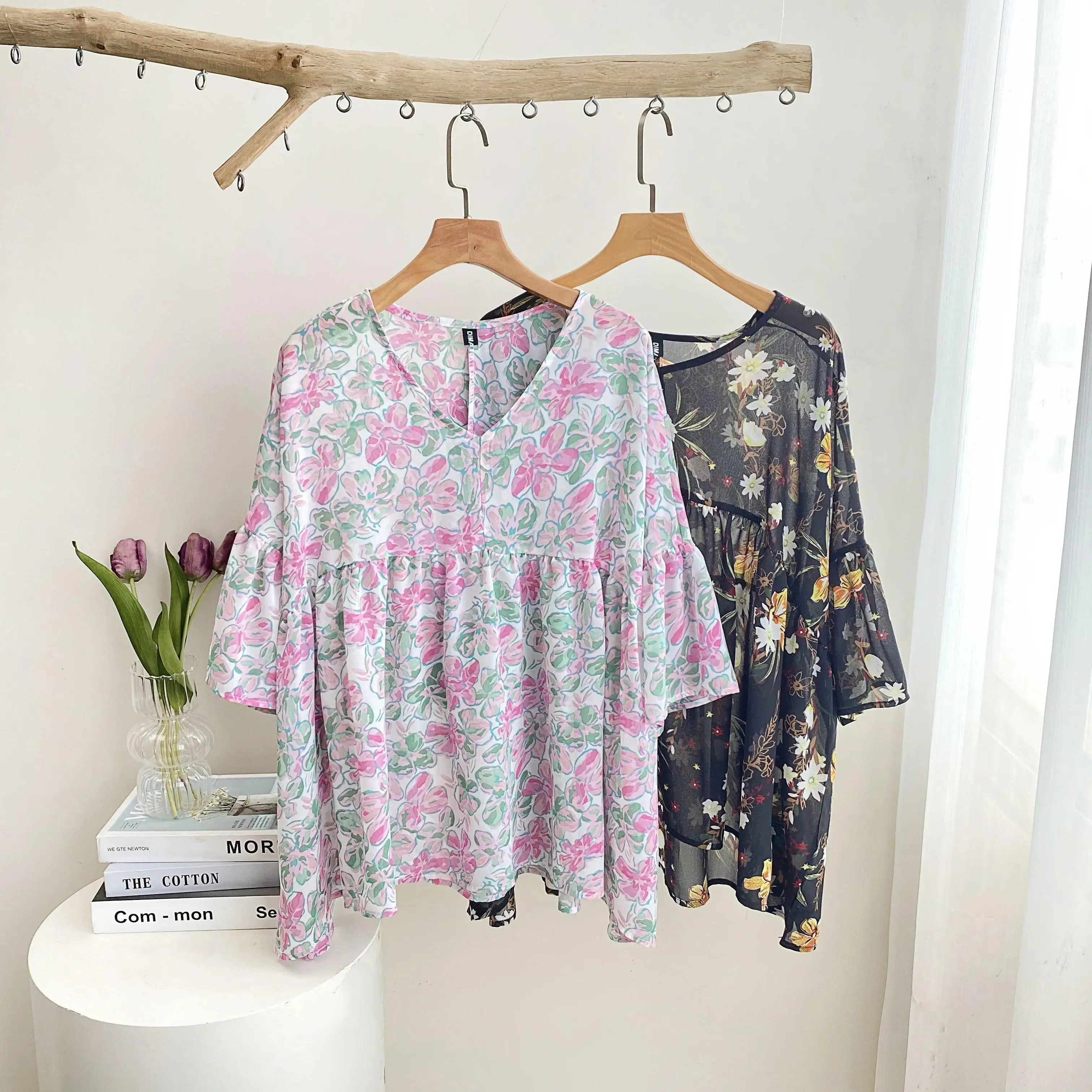 

DIMANAF 2024 Summer Women T-Shirts Blouses Shirts Chiffon Print Floral Elegant Tops Tees Oversize Loose Beach Casual Pink Black