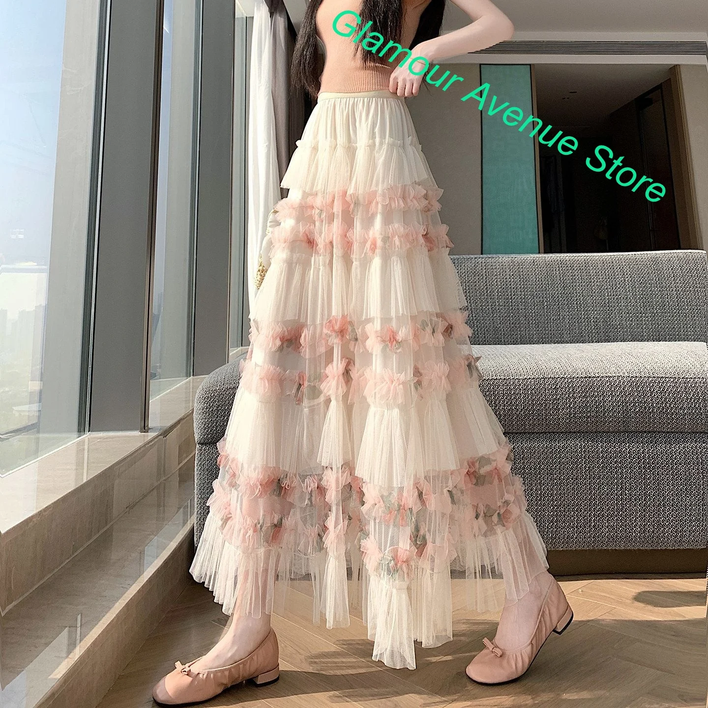 French heavy industry flower pleated gauze cake skirt female summer and autumn sweet wind niche design sense A word big skirt