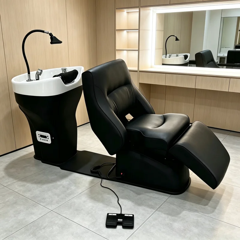 Electric Shampoo Chair Backwash Unit Water Circulation Ceramic Bowl Reclining Hair Salon Sink Foot Pedal Control OEM