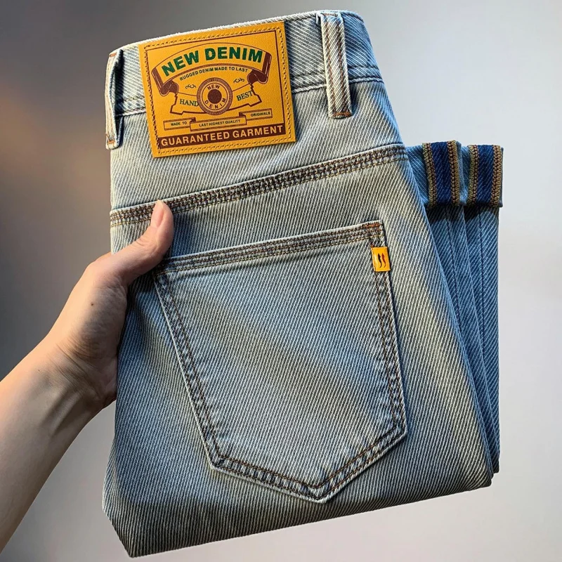 Light blue slim straight jeans for men, men's casual denim pants that are thin, breathable, elastic, and versatile for a stylish