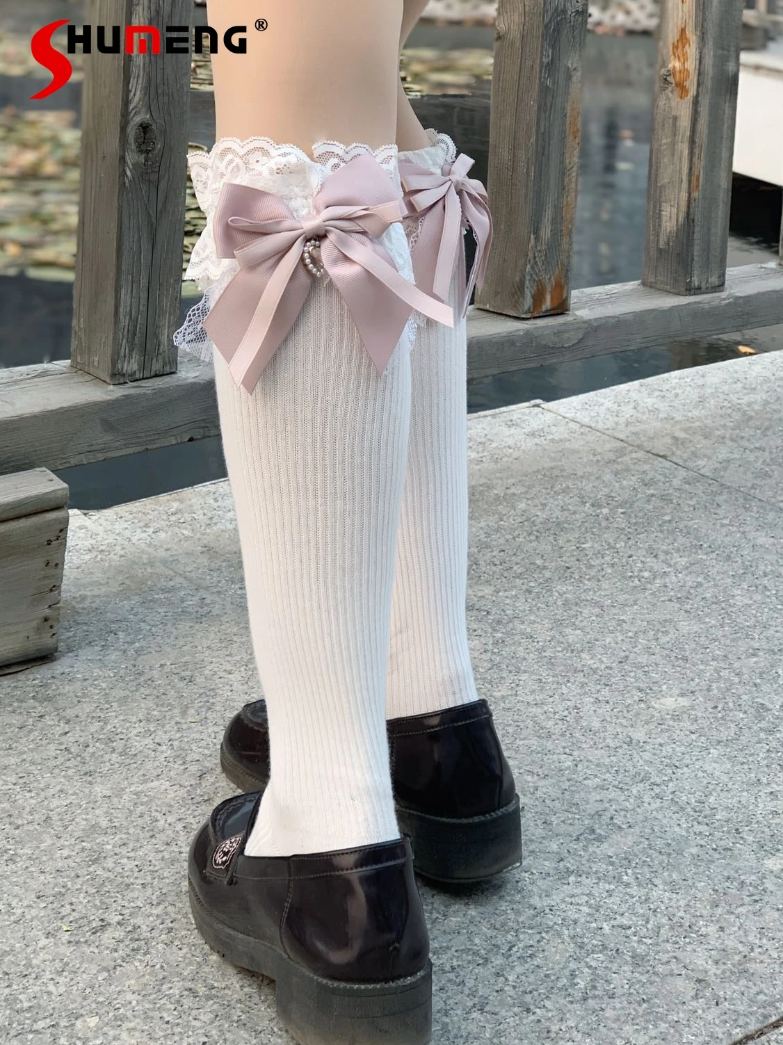 Japanese Lolita Lace Leg Shaping Big Bow Long Tube Socks 2023 Autumn and Winter New Sweet Woman Calf Over The Knee Cotton Socks