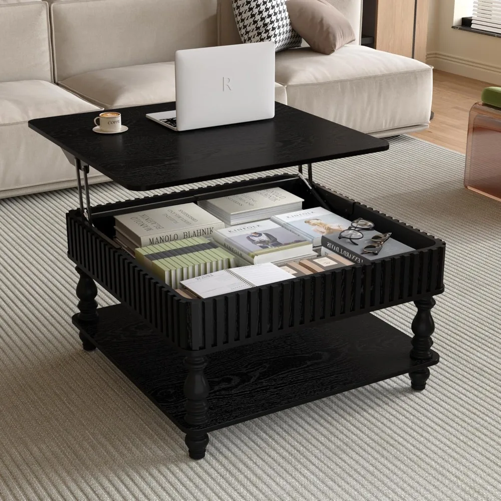 

31.5 Square Lift Top Coffee Table with Storage Modern Fluted Coffee Tables with Lifting Top, Farmhouse Solid Wood Center Table w