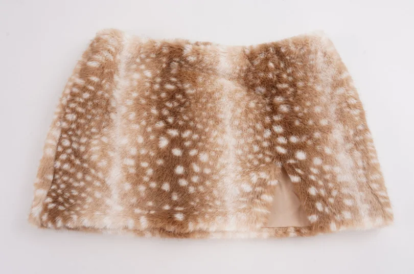 Winter New Deer Pattern Split Fork Hair Fluffy Splicing Skirt Sexy Low Waist and Thin Plush Warm Hip Skirt for Women
