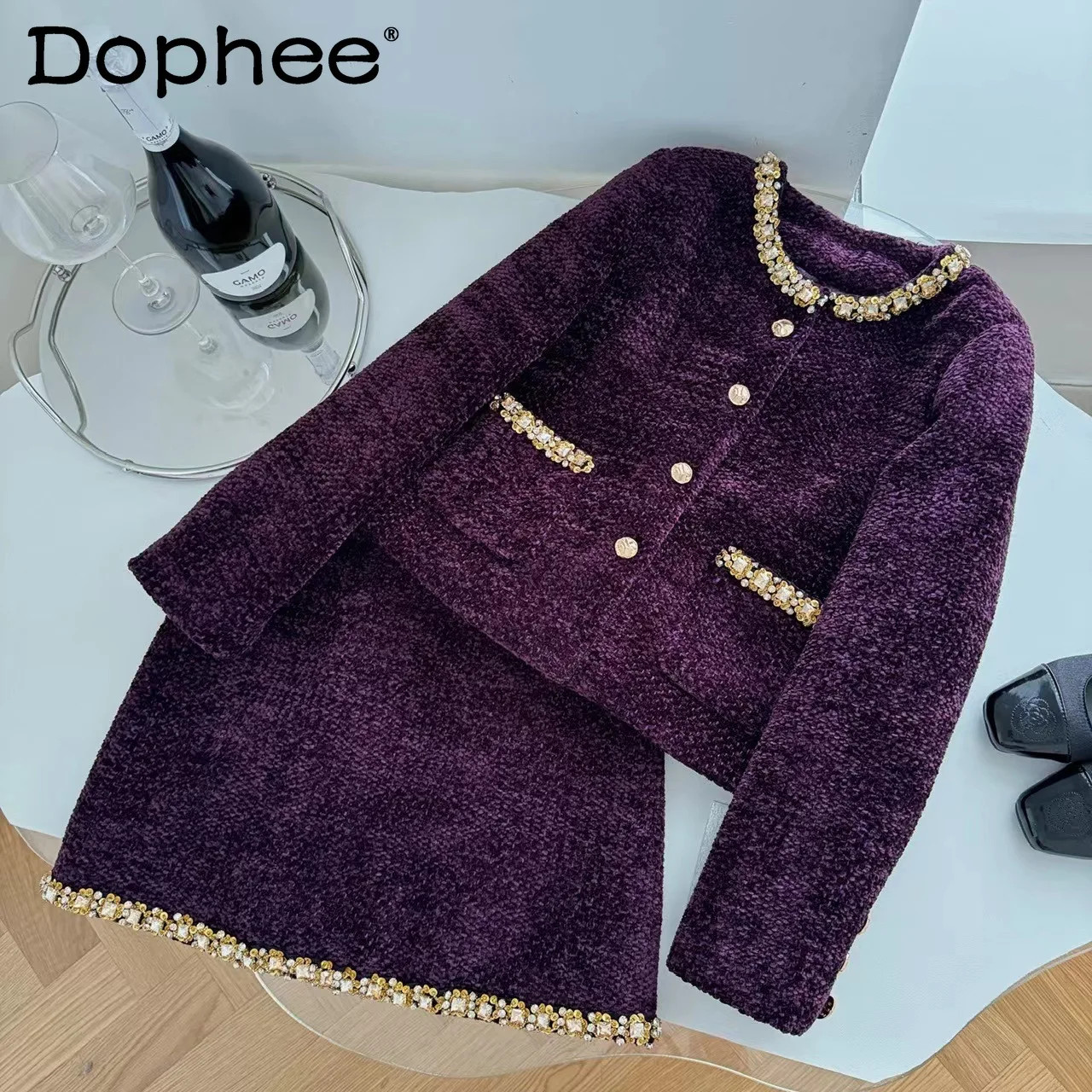 Commuter Style Purple Suit Women 2024 New Beads Round Neck Long-sleeved Jacket Short Top and Skirt Two-piece Sets Fall Winter