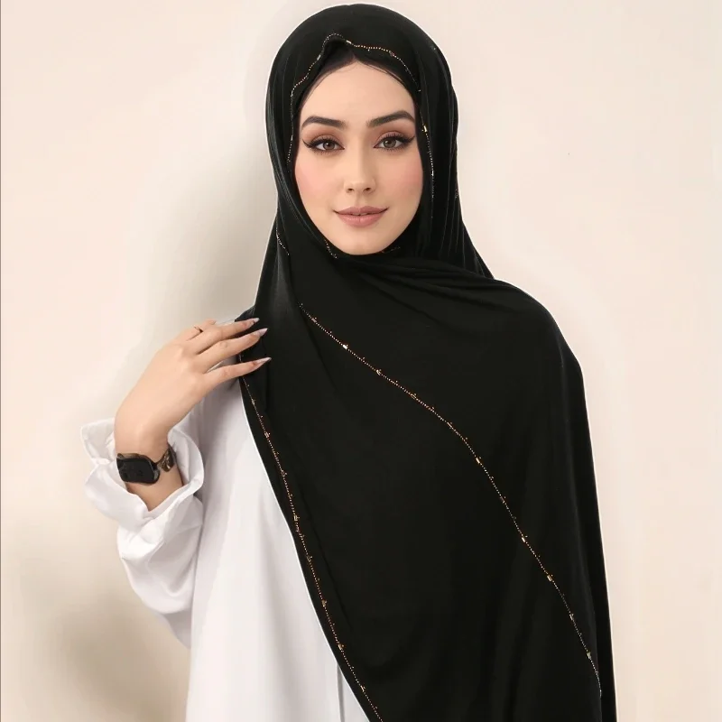 Damski bawełniany hidżab z dżerseju, szal z brokatowym, połyskującym brzegiem, miękki, wysokiej jakości hidżab z dżerseju, turban, islamska chusta na głowę w jednolitym kolorze.