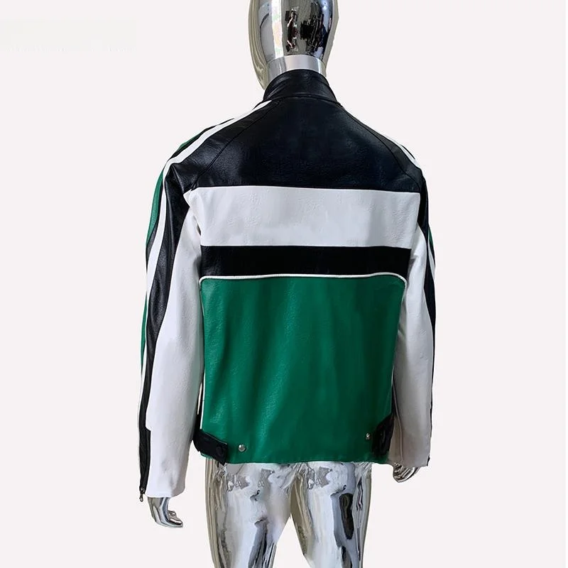 Nerazzurri Men's Stylish Racing Style PU Leather Jacket Stand Collar Patchwork Color Block Outerwear Youthful Energy Autumn