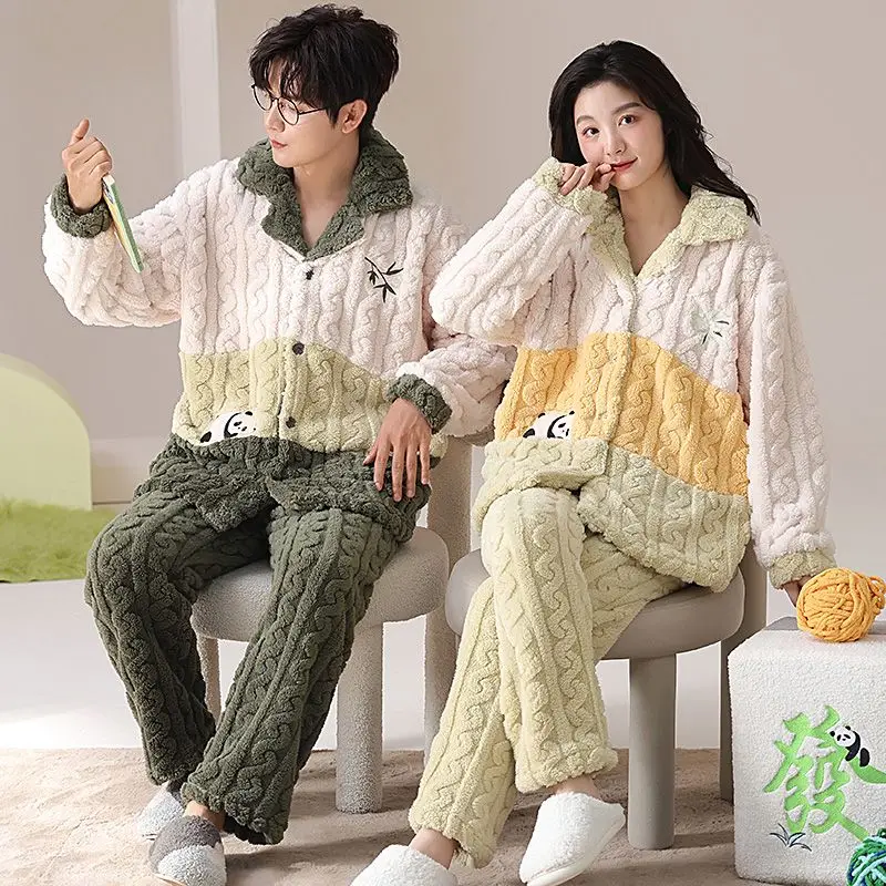 2024 New Couple Pajamas Men's Coral Velvet and Velvet Thickened Flannel Red Panda Homewear Women's Autumn and Winter