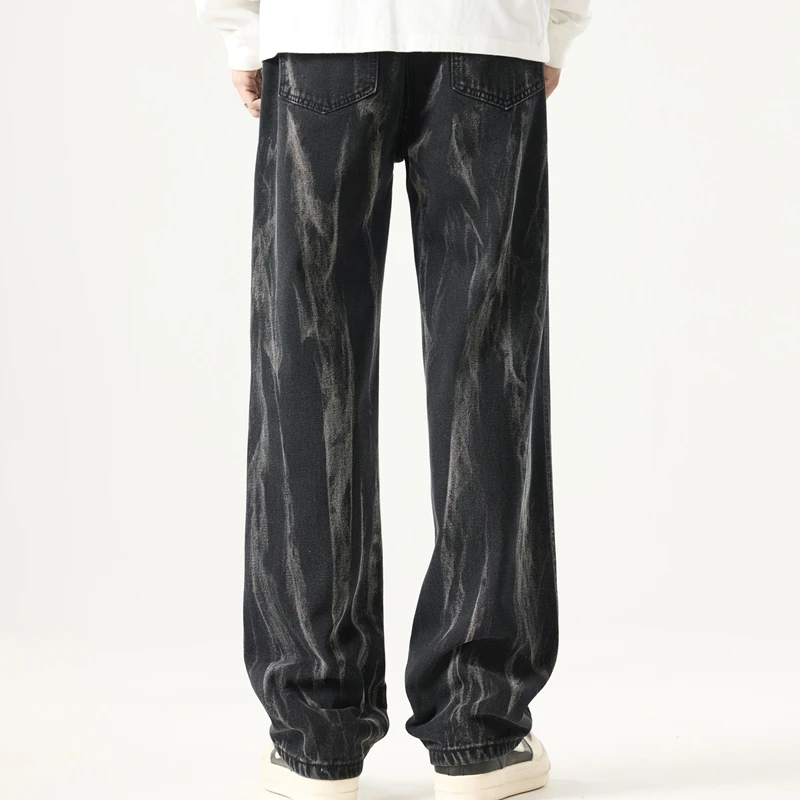 Men's Black Tie-Dye Jeans Elastic Waist Drawstring Loose Wide Leg Straight Leg Non-Stretch Denim Pants Streetwear