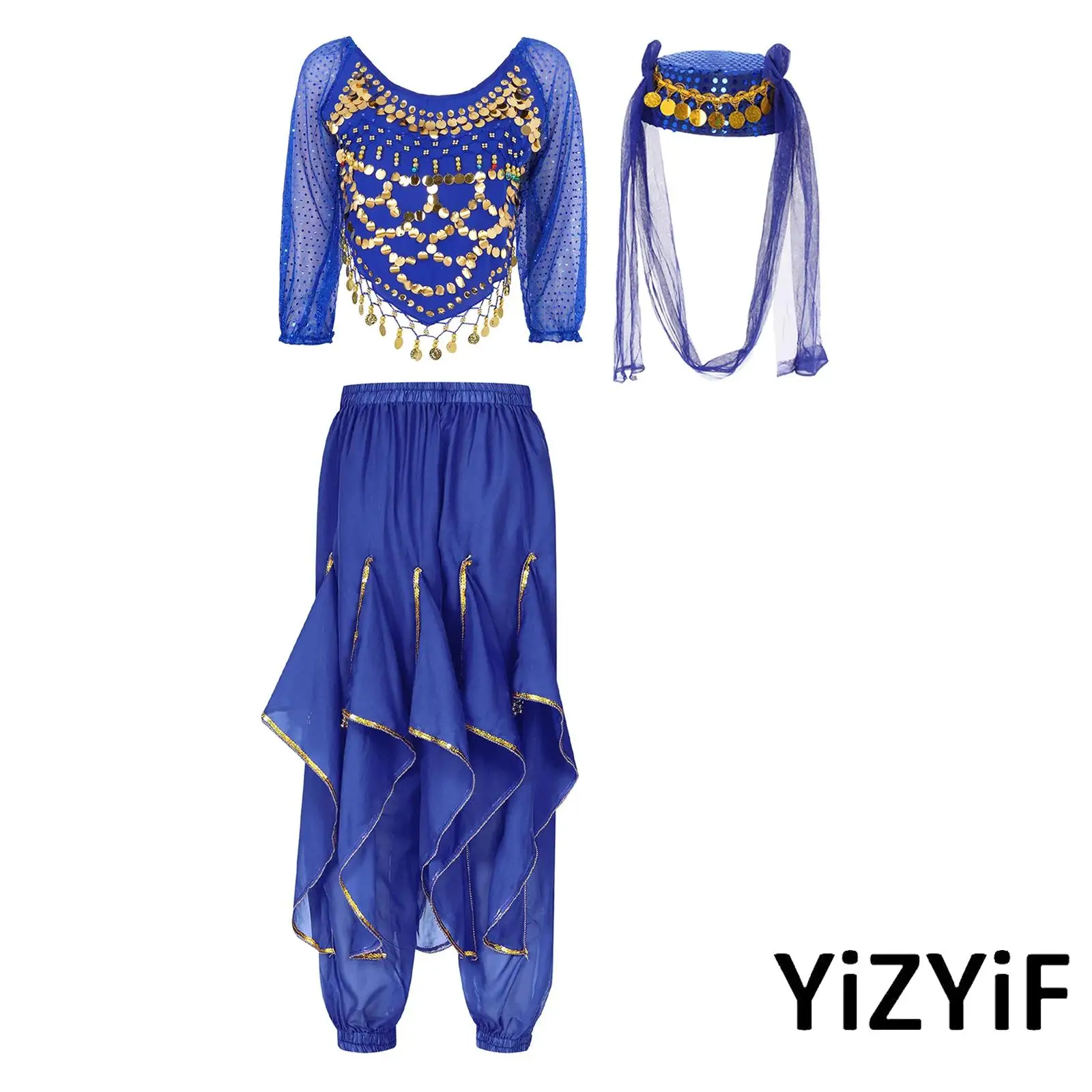 

Womens Belly Dance Wear Sequin Tassel Long Sleeve Back Lace-up Crop Top Ruffled Bloomers Pants And Hat for Indian Dance Prom