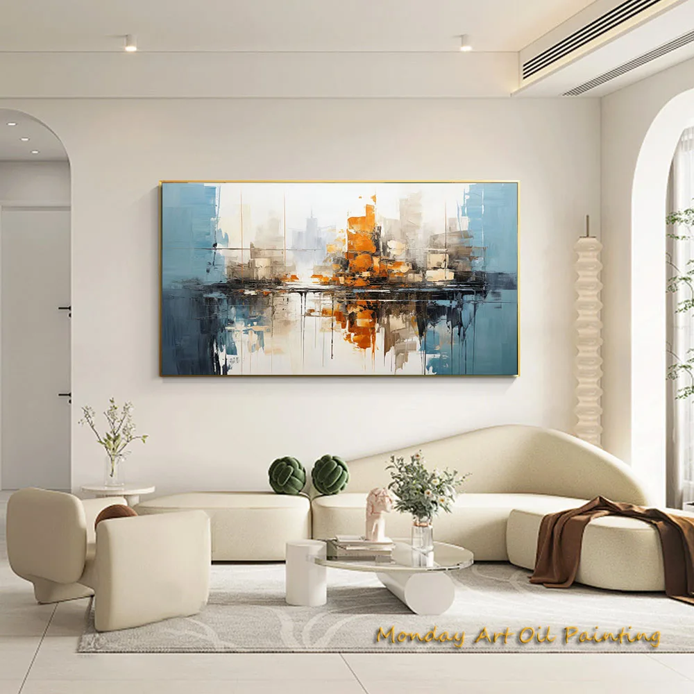 Hand Painted Large City Abstract Painting Urban Skyline Oil Painting Art Original Knife Paintings On Canvas Blue For Home Decor