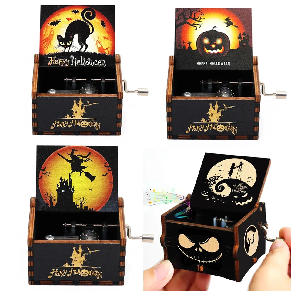 Caja de música de feliz Halloween con manivela de madera tallada antigua, 1 Uds., eres mi sol, decoración de Halloween, regalo de cumpleaños y Navidad