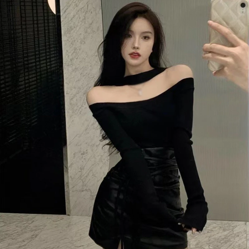 Off  Shoulder Women Tops Sexy Halterneck SweaterTight-fitting  Knitted Bottoming Shirt Long-sleeved Solid Harajuku Shirt