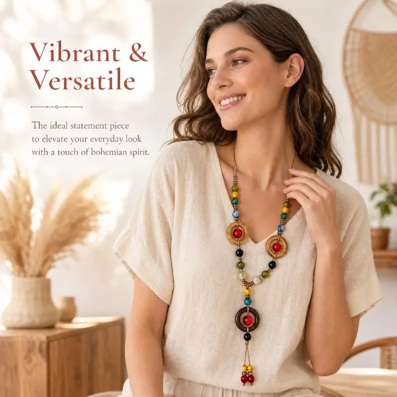 Boho Wooden Beaded Jewelry Necklace Classic Long Pendant for Women's Wardrobe