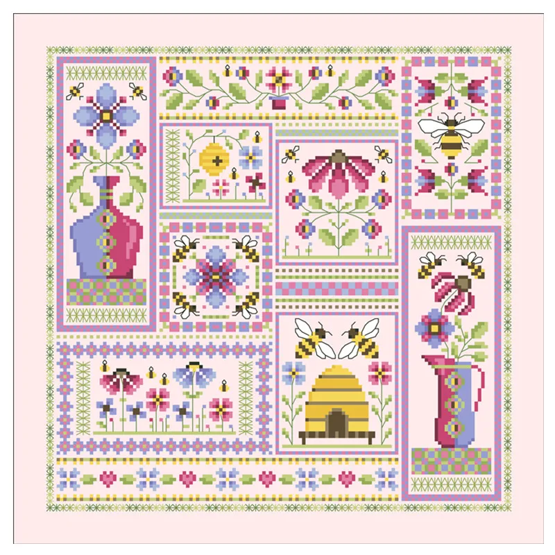 Flowers and bees cross embroidery kit flower cartton design 18ct 14ct 11ct pink canvas Cross-stitch DIY needlework