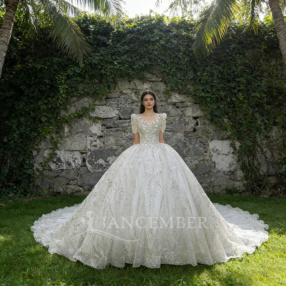 New Arrival Customized Organza O-Neck Ball Gown Bridal Dress With Beading Short Sleeves Wedding Gowns vestidos de novia boda